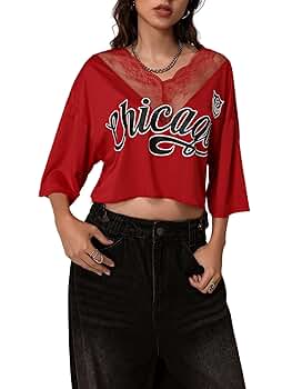 MakeMeChic Women's Graphic Crop Top Lace Trim V Neck Half