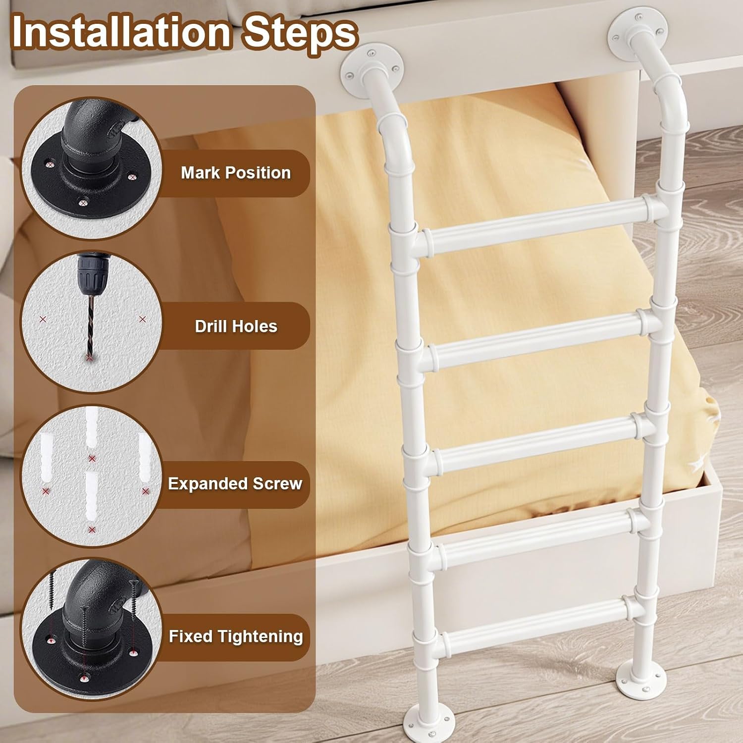 Adjustable Wall-Mounted Attic Loft Ladder – 4ft to 9ft, Ideal for Bunk Beds & Basement Egress, Perfect for Attics, Lofts, Libraries & Dorms, White (210cm/83in)