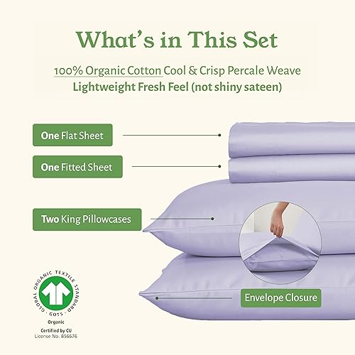 Vista 100 de California Design Den - Juego de sábanas tamaño individual, percal de 100% algodón orgánico fresco y suave, con esquinas profundas, transpirables