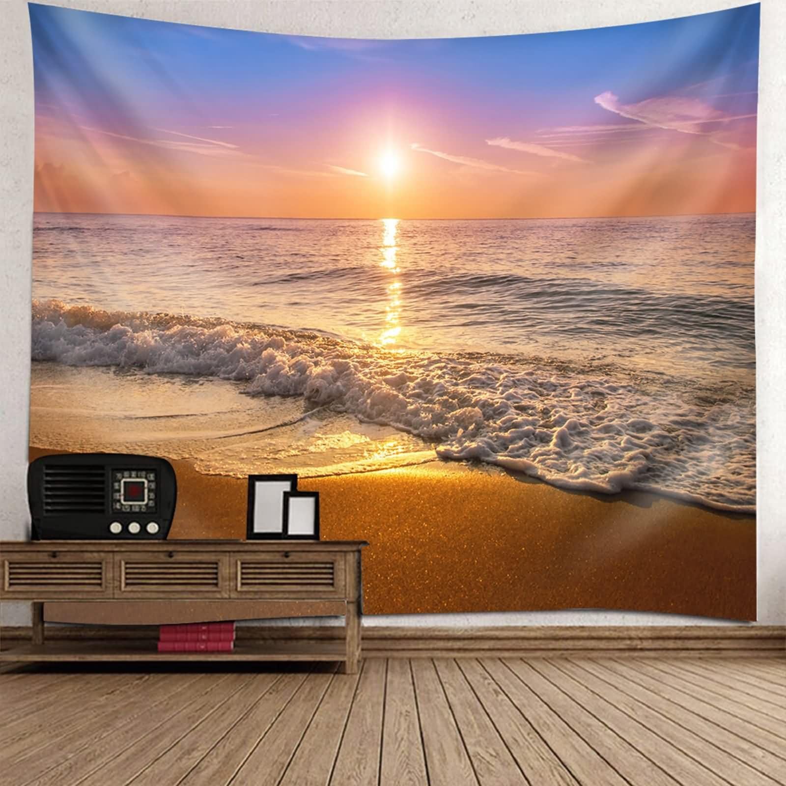 Homxi Dekoracja na ścianę, krajobraz, okno, 200 x 200 cm, plaża i zachód słońca, krajobraz, dywan ścienny, krajobraz, poliester, brązowy, niebieski
