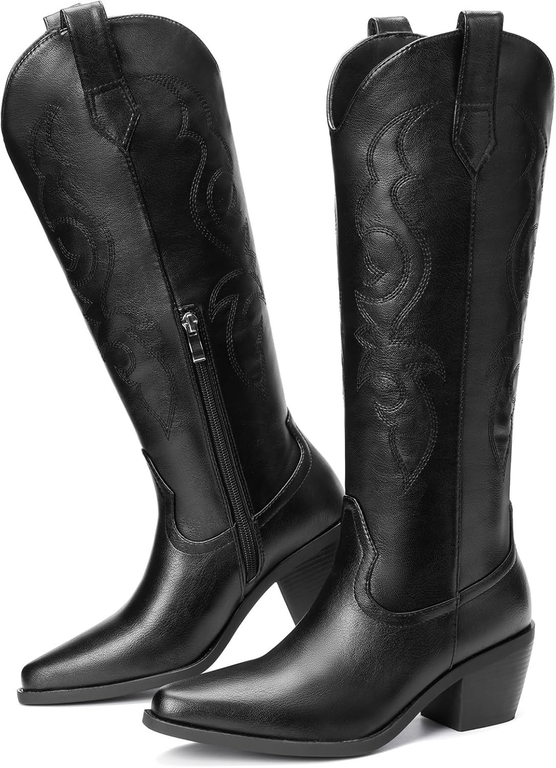 Black Cowboy Boots for Women - Embroidered Western Cowgirl Boots, Wide Calf Knee High Tall Footwear, Almond Pointed Toe Chunky Heel Pull On Zipper Retro Country Style US 8.5 - Image 5