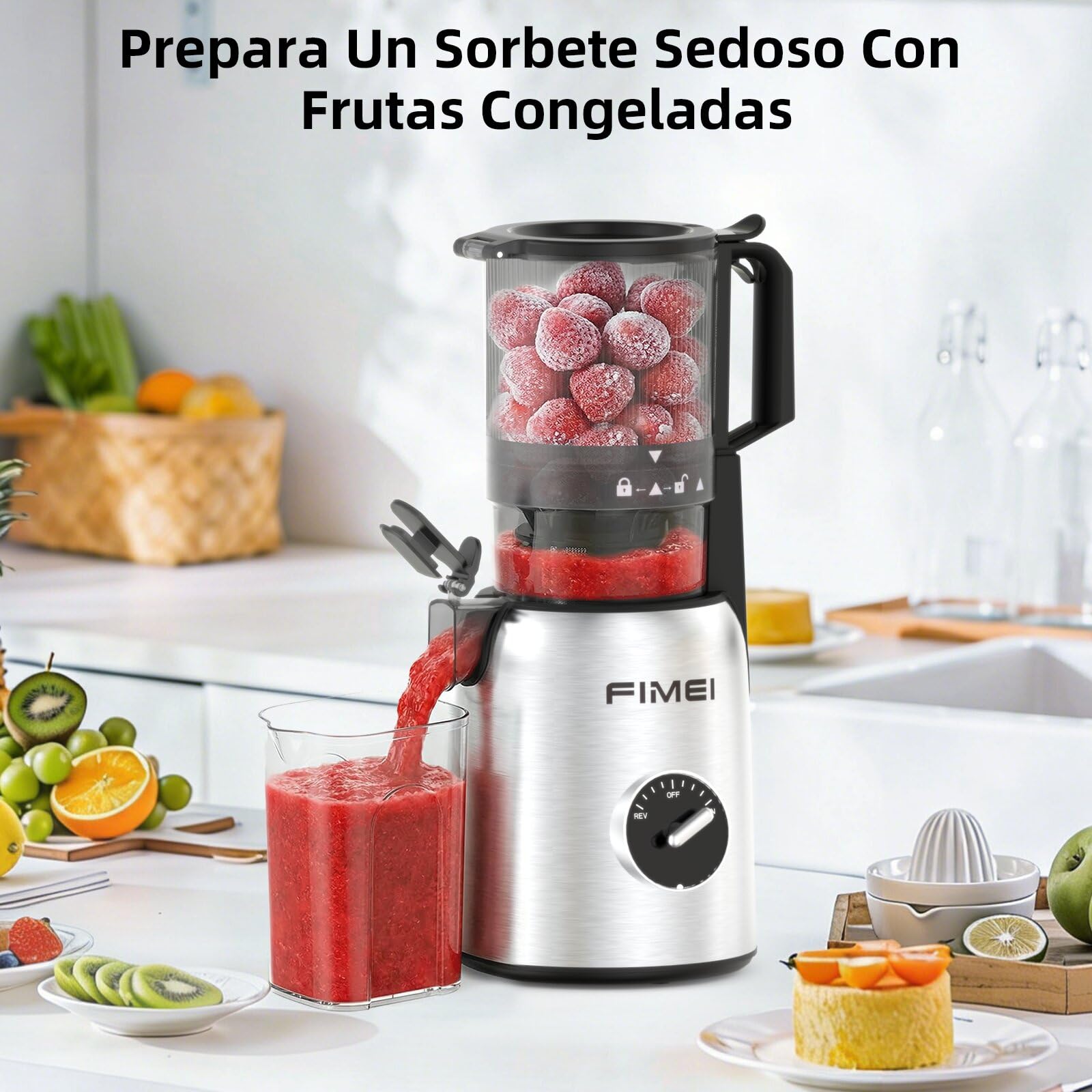 FIMEI Extractor de Zumos y Verduras, Licuadora Prensado en Frio para Verduras Frutas Enteras con Apertura de 135 MM, Fácil Montaje y Limpieza, Extractor de Jugo Incluye 2 Vasos, Sin BPA, Base inox