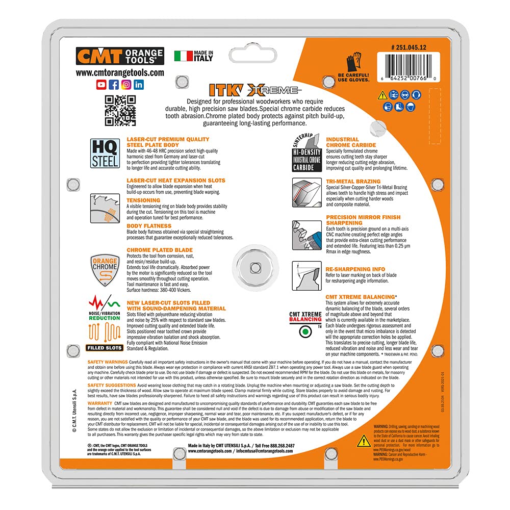 CMT 251.045.12 ITK General Purpose Saw Blade, 12-Inch x 45 Teeth 1FTG+2ATB Grind with 1-Inch Bore