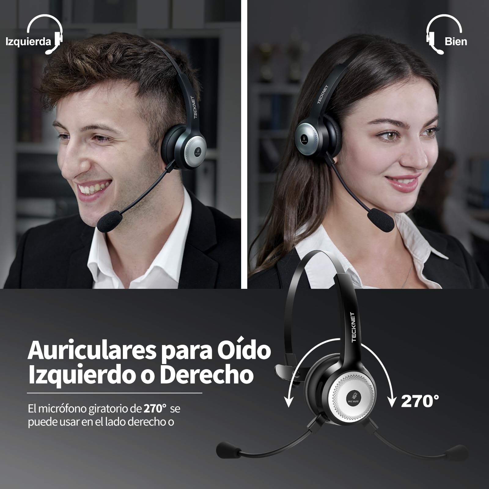 TECKNET Auricular Bluetooth con Estación de Carga, Auriculares Inalámbricos con Micrófonos PC, Cancelación de Ruido Sonido Estéreo Claro Compartible Skype,Centros de Llamadas,Cursos Online