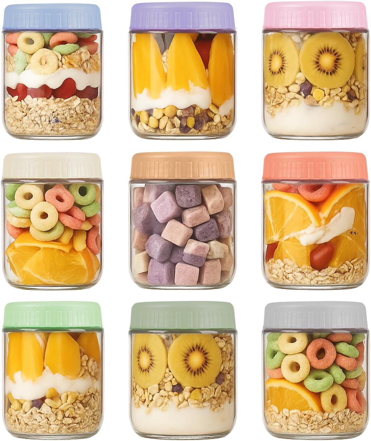 Overnight Oats Containers with Lids, 16oz Wide Mouth Mason Jars with Lids, 9 Pack Glass Jars with Airtight lid for Chia Pudding Yogurt Salad, Meal Prer Oatmeal Jars MultiColor 16oz-9Pack