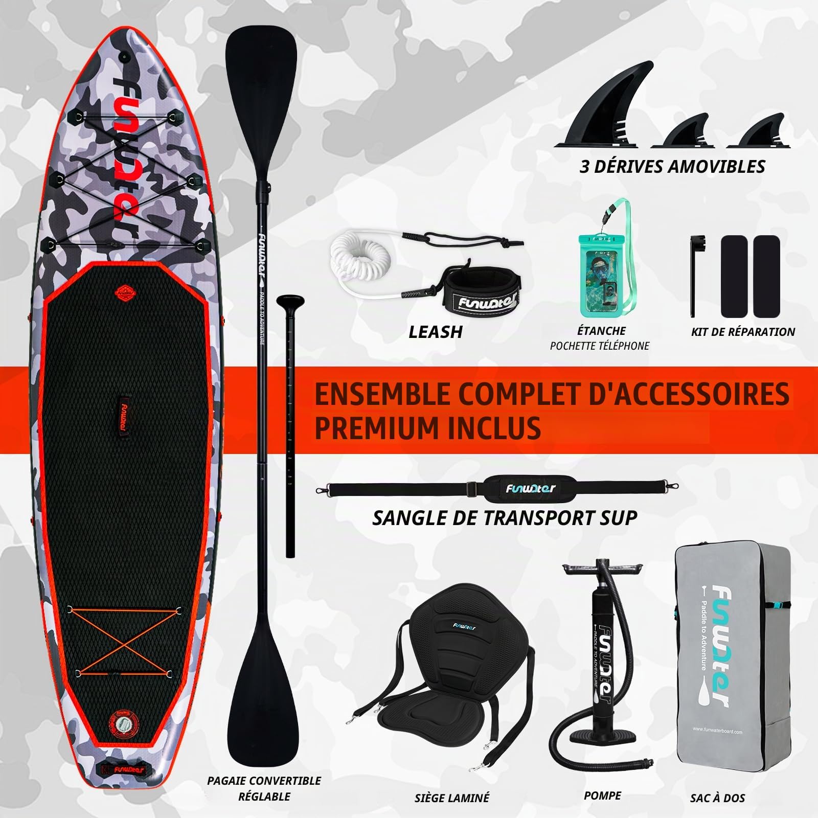 FunWater Planche de stand up paddle gonflable de 330 cm - Kit complet avec pagaie, sac à dos, étui pour téléphone portable, 3 palmes, pompe, siège et bandoulière - Planche de SUP pour débutants et