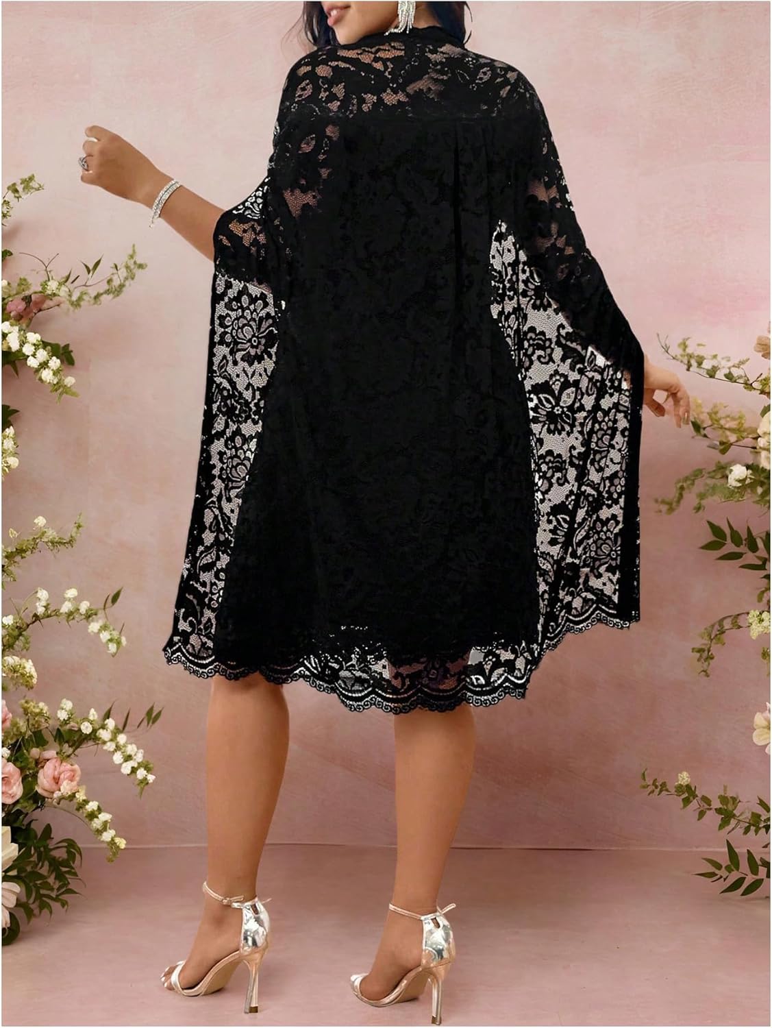 Women's Plus Size Lace Cape Dress Cloak Sleeve Crewneck Elegant Cocktail Party Dresses Wedding Guset Dress