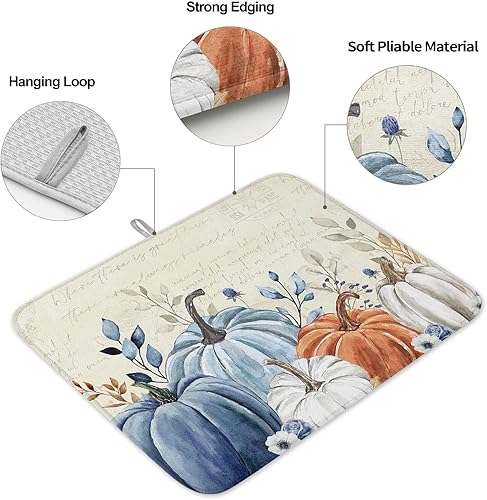 Miniatura 2 de Tapete de secado de platos de otoño para encimera de cocina, tapete de cocina de secado de calabaza de Acción de Gracias para fregadero, nevera,