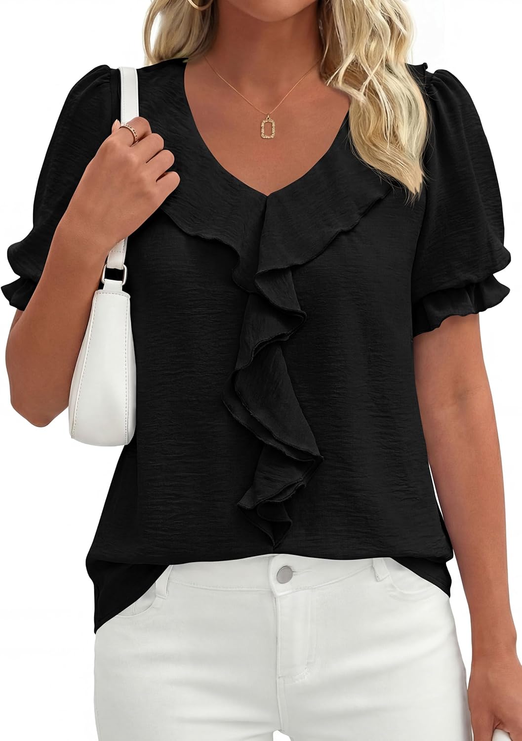 PRETTYGARDEN Women's Summer Dressy Casual Blouses 2026 Short Sleeve V Neck Ruffle Business Work Tops Trendy Spring Outfits - Image 5