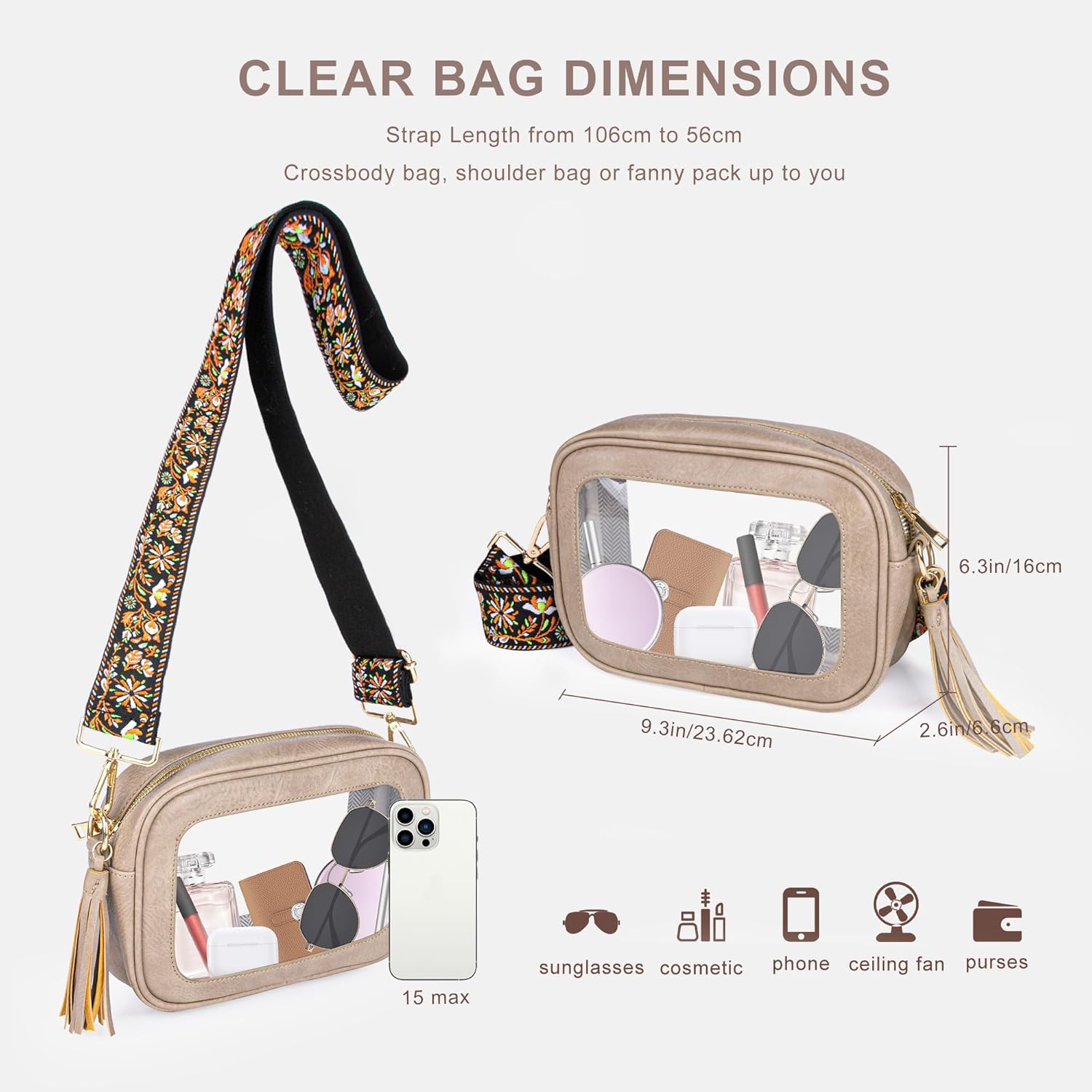 Viva Terry Clear Bag for Stadium Events Approved, Small Clear Crossbody Purse with 2 Adjustable Straps for Makeup Toiletry
