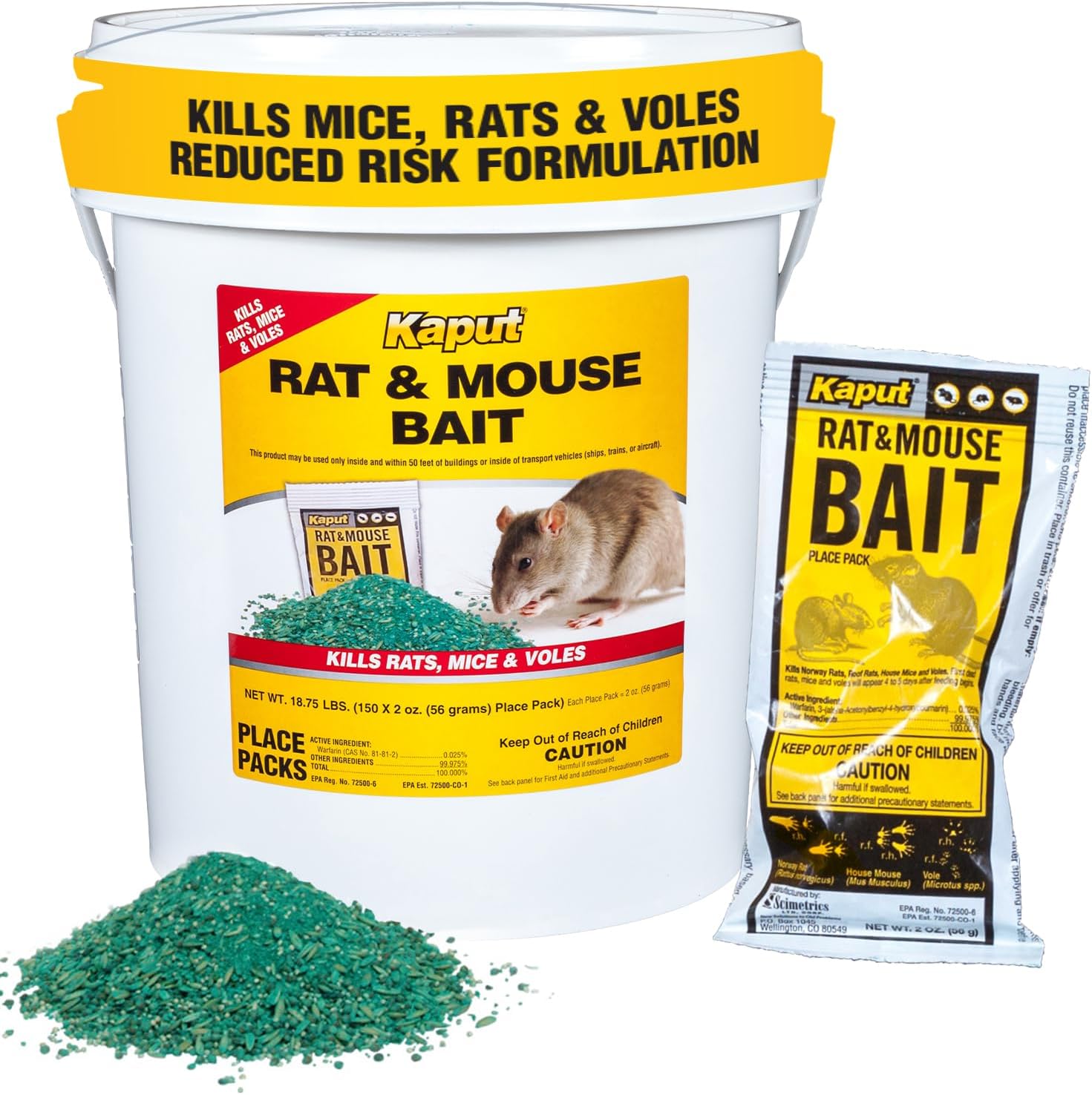 Rat & Mouse Bait- Effective Warfarin Formula for Rodent Control - Low Toxicity Rat Bait, Safe for Pets & Wildlife - Indoor & Near-Building Use, 150 Packets, 2 oz Each