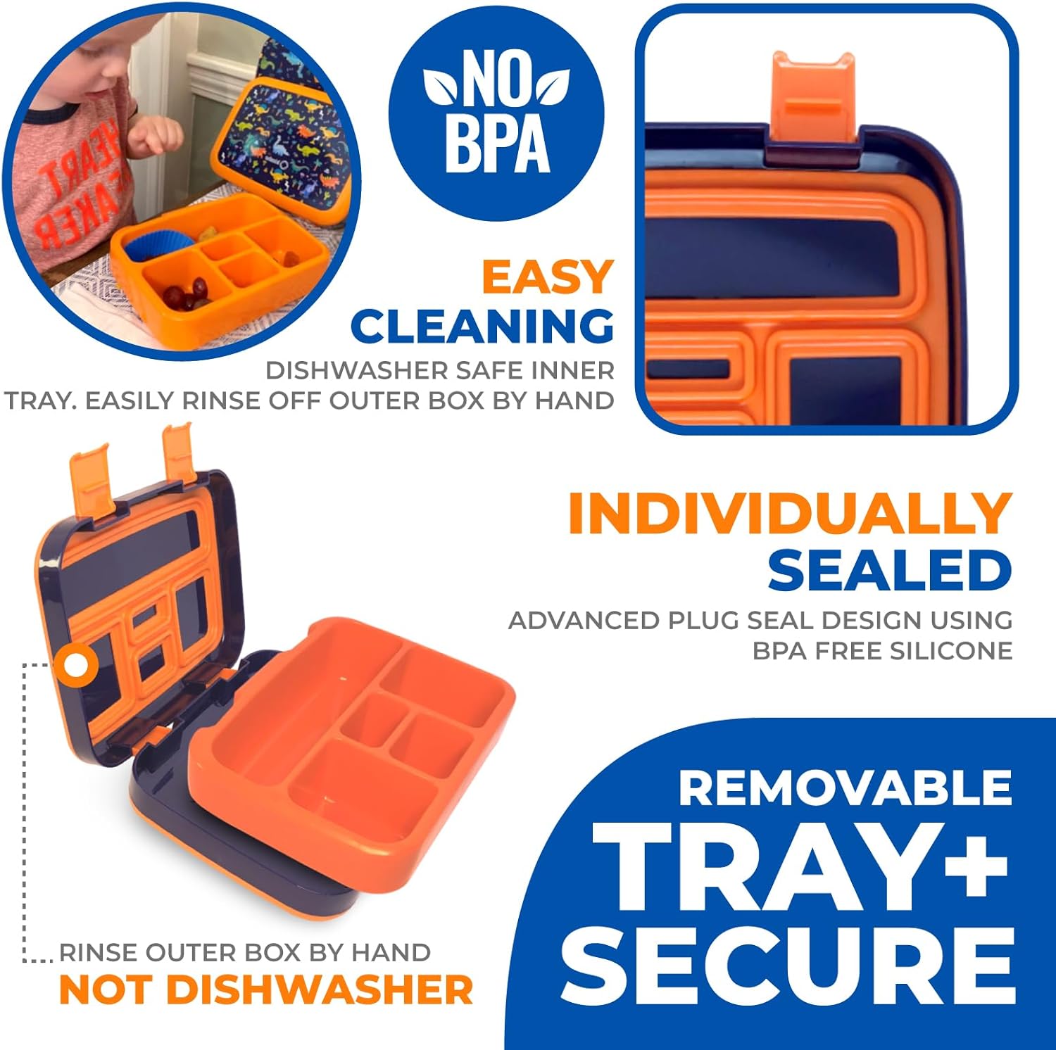 kinsho Bento Lunch Box with Insulated Bag, Water Bottle&Ice Pack Set for Kids Toddlers,5 Portion Sections, BPAFree Removable Tray, PreSchool Kid Toddler Daycare Lunches, Snack Container,Blue Dinosaur - Image 4