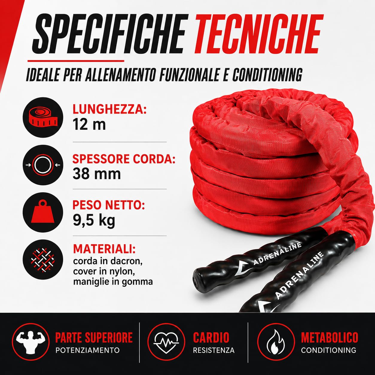 Adrenaline Battle Rope 12 m, 38 mm, 9,5 kg, con Rivestimento in Nylon, Maniglie in Gomma, Kit di Fissaggio a Muro, Strap e Moschettone