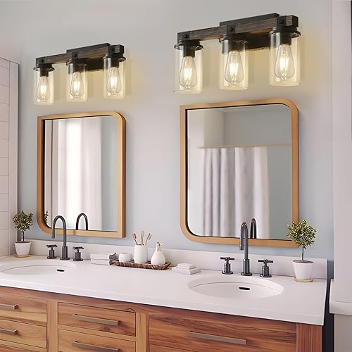 Miniatura 7 de Lámparas de tocador de baño, luces de madera de granja para baño, apliques rústicos vintage, iluminación de pared, 3 luces, industrial negro mate,