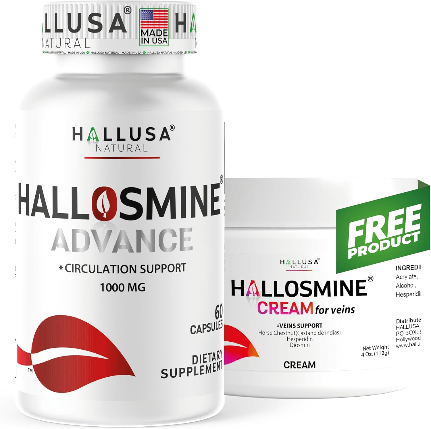 Hallosmine Advance - Blood Circulation & Vein Support Supplement, Diosmin 1000mg + Free Vein Cream | Leg Circulation, Visible Veins, Spider Veins, Blood Flow, Swelling & Heavy Legs | 60 capsules