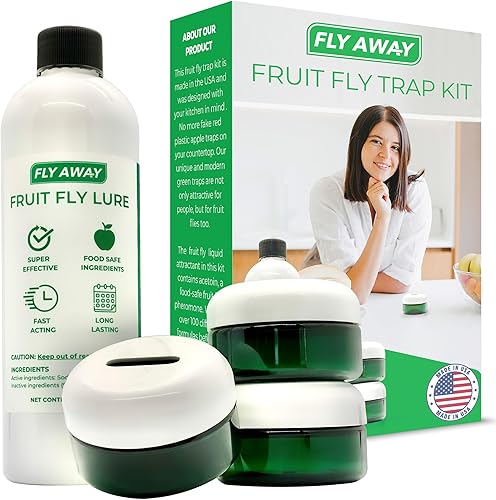 Fly Away - Kit de trampa para moscas de la fruta: 3 trampas reutilizables para moscas de la fruta para interiores + 12 oz. Cebo líquido. Acción