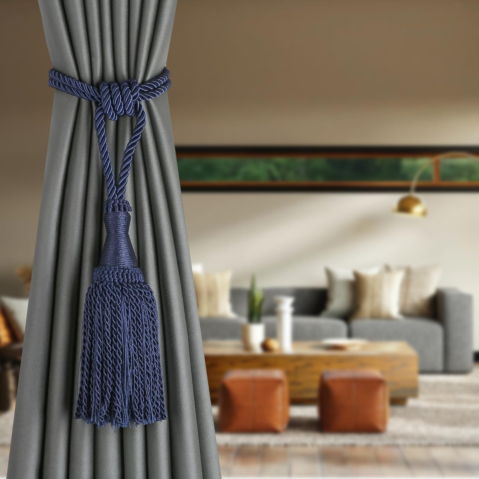BEL AVENIR Lot de 4 embrasses de rideaux à pompons modernes en corde pour rideaux de fenêtre – Embrasses décoratives élégantes pour l'extérieur (bleu marine)