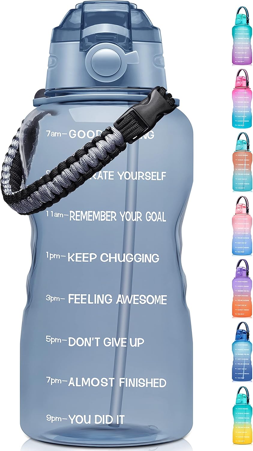 Fidus Large 1 Gallon Motivational Water Bottle with Paracord Handle & Removable Straw - BPA Free Leakproof Water Jug with Time Marker to Ensure You Drink Enough Water Throughout the Day-Gray