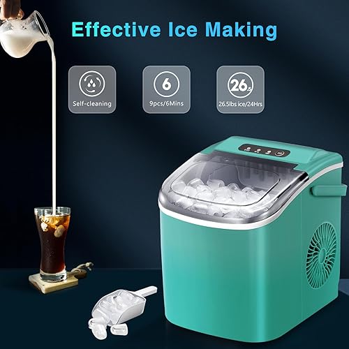 Miniatura 9 de R.W.FLAME Encimera para hacer hielo, máquina portátil para hacer hielo con autolimpieza, 26.5 libras24 horas, 6 minutos9 piezas de hielo bala,