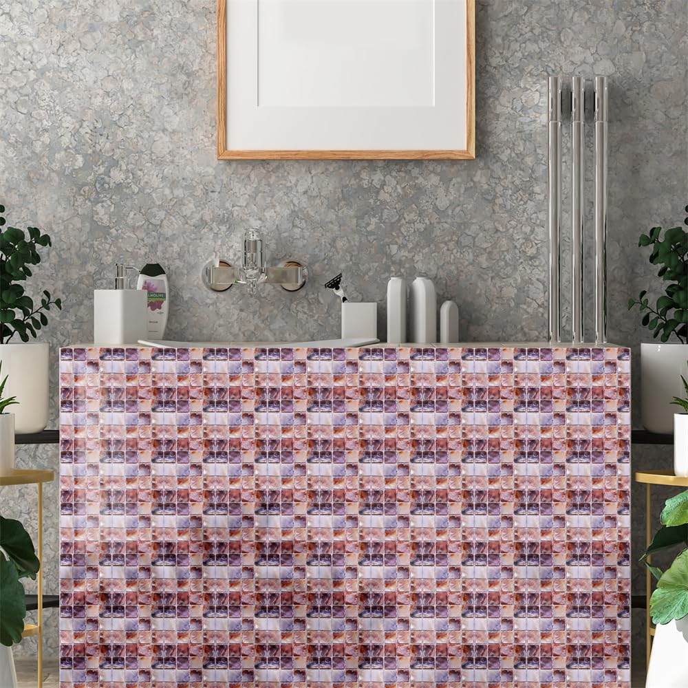 LMYSXAOZ Tile Stickers Purple Marble Stick on Tiles PVC Self Adhesive Wall Durable Peel and Floor Water Proof for Kitchen Bathroom 10x10cm/60 Pcs