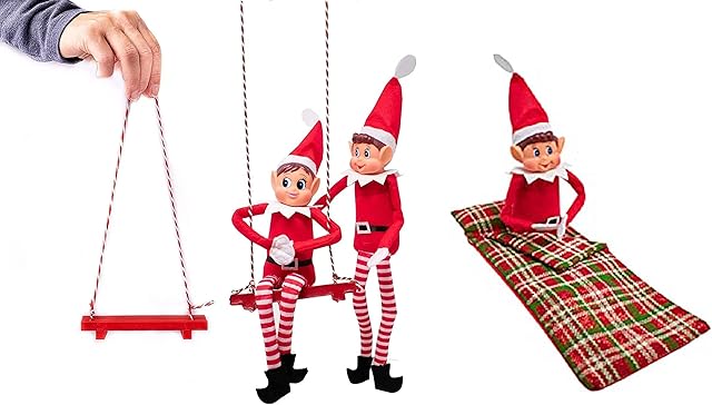 WHITEHILL Christmas Combo Elf Wooden Swing with PDQ + Elf Sleeping Bag Novelty Toy - Festive Tree Holiday Decoration - Decorative Xmas Hanging Ornament + Accessory Fit for Elf on the Shelf