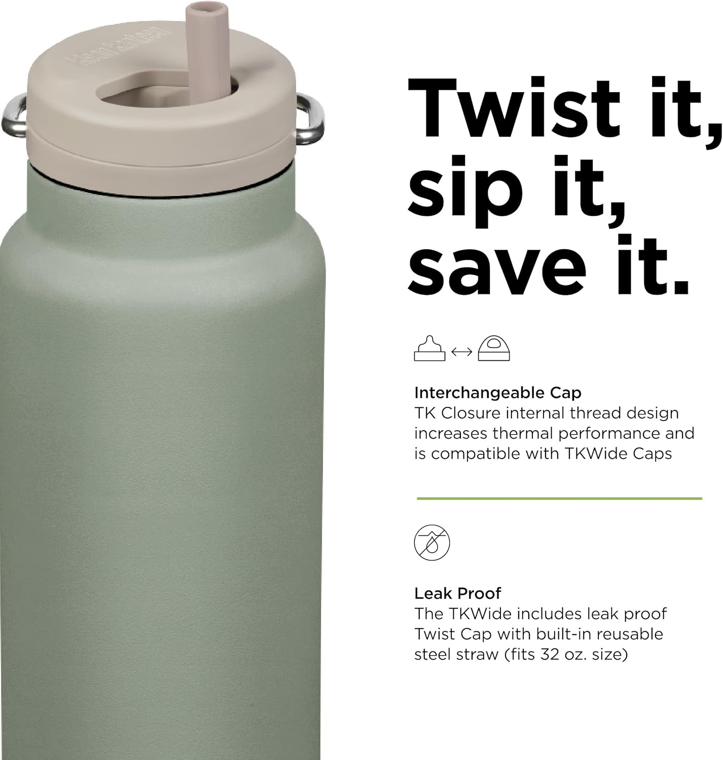 Klean Kanteen TKWide Insulated Bottle – Twist Cap, Steel Straw – Travel/Sports – Sea Spray 32 oz