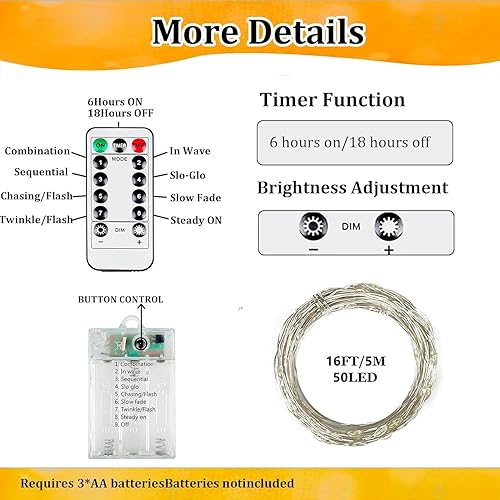 Miniatura 44 de Paquete de 2 guirnaldas de luces LED, funcionan con pilas, 5 m, 50 luces intermitentes, temporizador, impermeables, para habitaciones, bodas