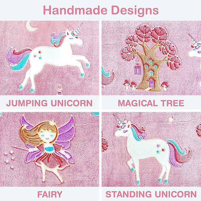 Image of Glow-in-The-Dark Polar Fleece Blanket for Kids - Soft Lightweight Single Bed Blanket (200x152 cm) | All-Season Jacquard Print, Assorted Multicolor - Unicorn Design (Pink)