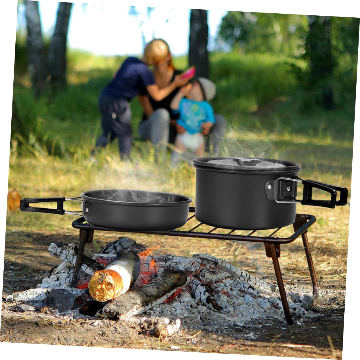 YARNOW Juego de Utensilios de Cocina Set de Ollas y Tetera para Acampar Portátil Aleación de Aluminio Ligera Color Negro para 2-3 Personas Adecuado para Camping y Actividades al Aire