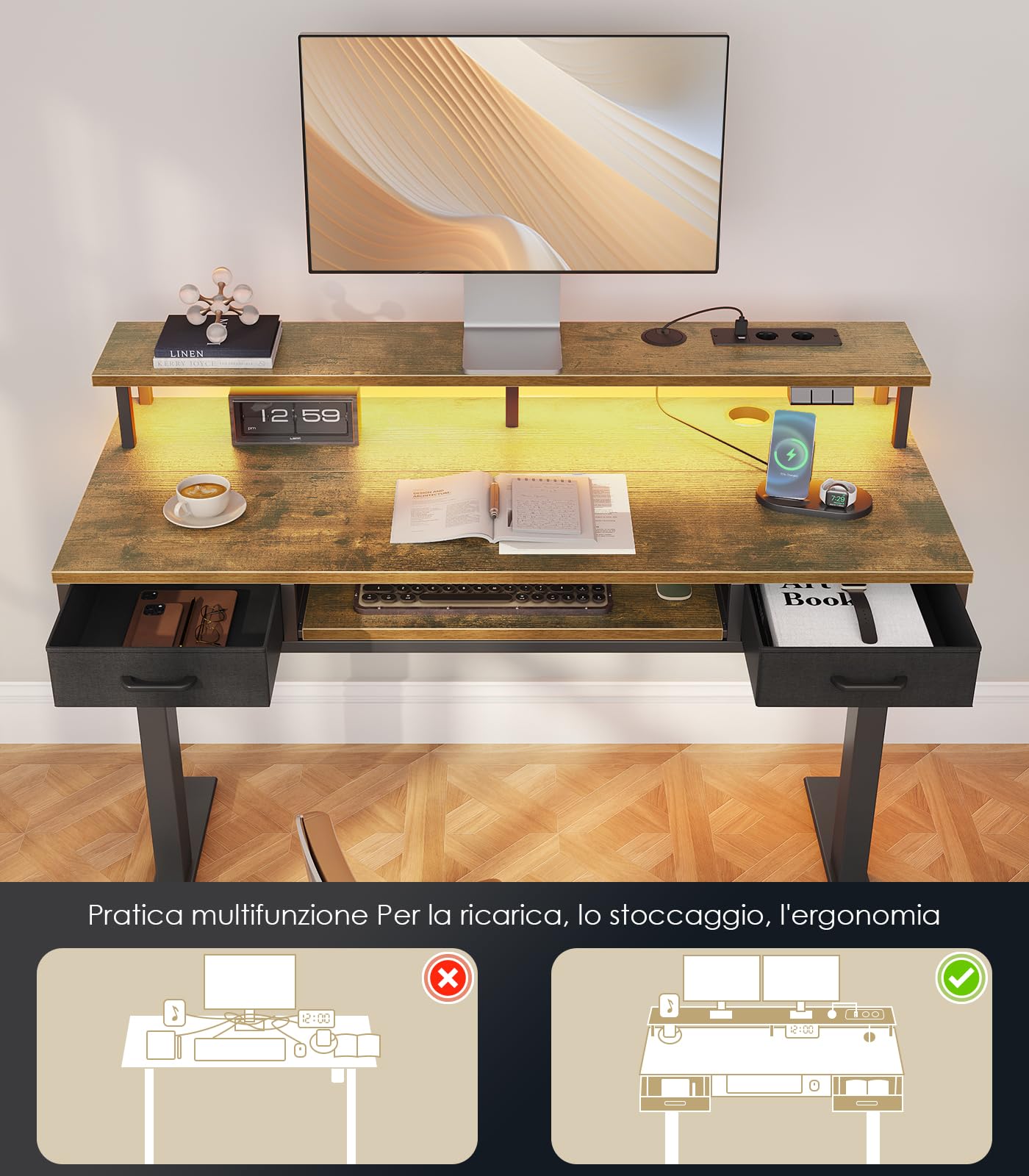 OffiGo Scrivania regolabile in altezza con cassetti, 120 cm, scrivania elettrica con ripiano per tastiera, scrivania per computer con supporto per monitor, Prese e LED Luce, Marrone