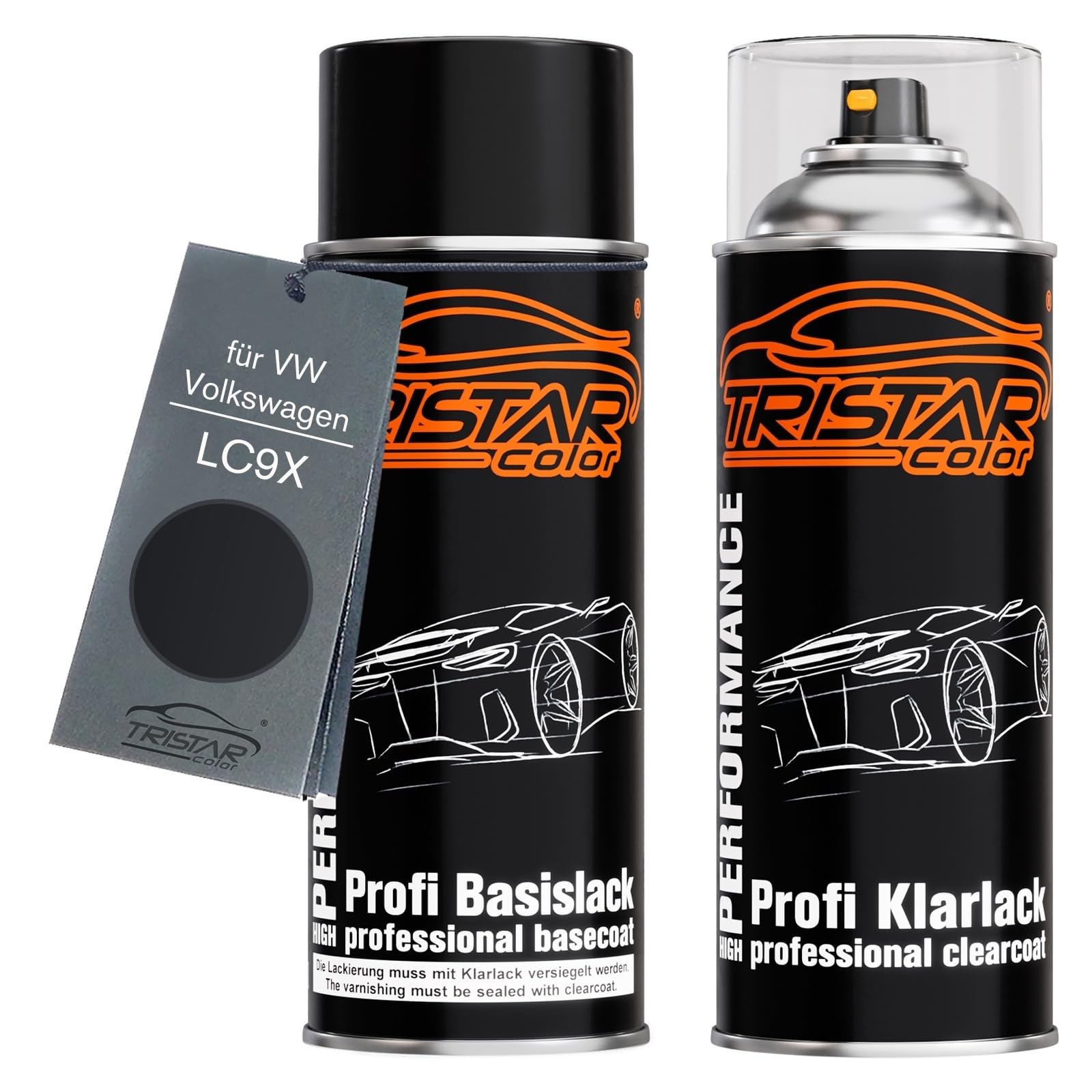 TRISTARcolor Autolack Spraydosen Set für VW/Volkswagen LC9X Deep Black Perl Basislack Klarlack Sprühdose 400ml