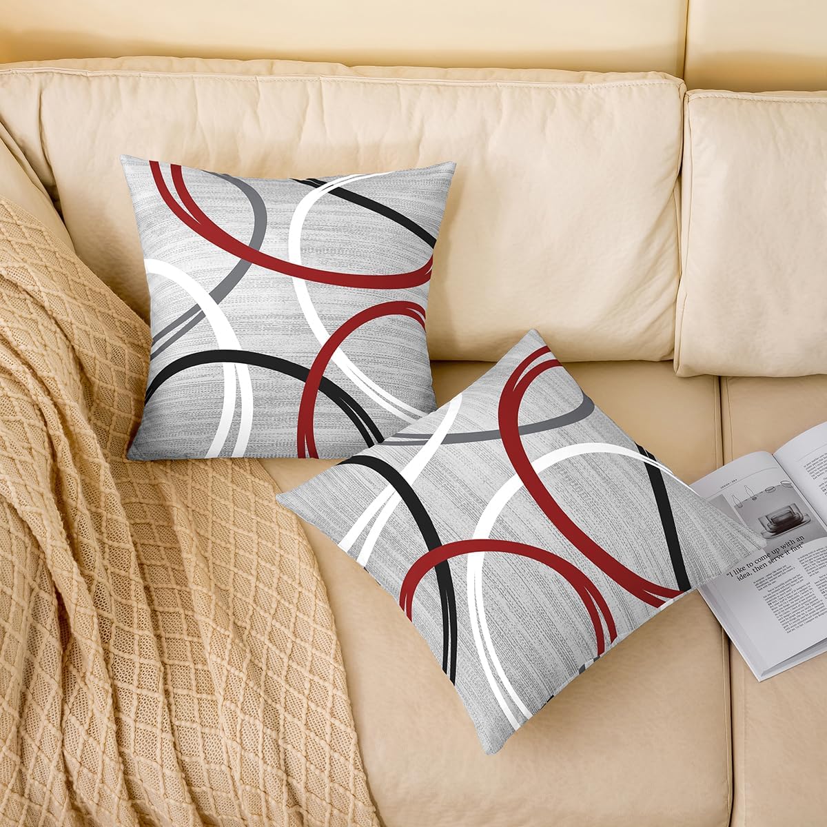 Abstract Circles Pillow Covers Red Black White Geometric Modern Pattern Pillow Cases for Kids Teens Adults Simple Cool Style Soft Cushion Covers for Office Couch Chairs 22x22 Inch Set of 2 Gray