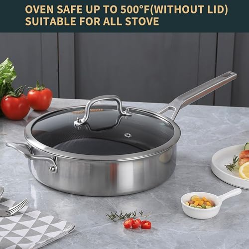 Miniatura 5 de Sartén de 7 cuartos de galón con tapas, sartén antiadherente de 12 pulgadas de profundidad, sartén grande de tres capas con tapa con mango que se