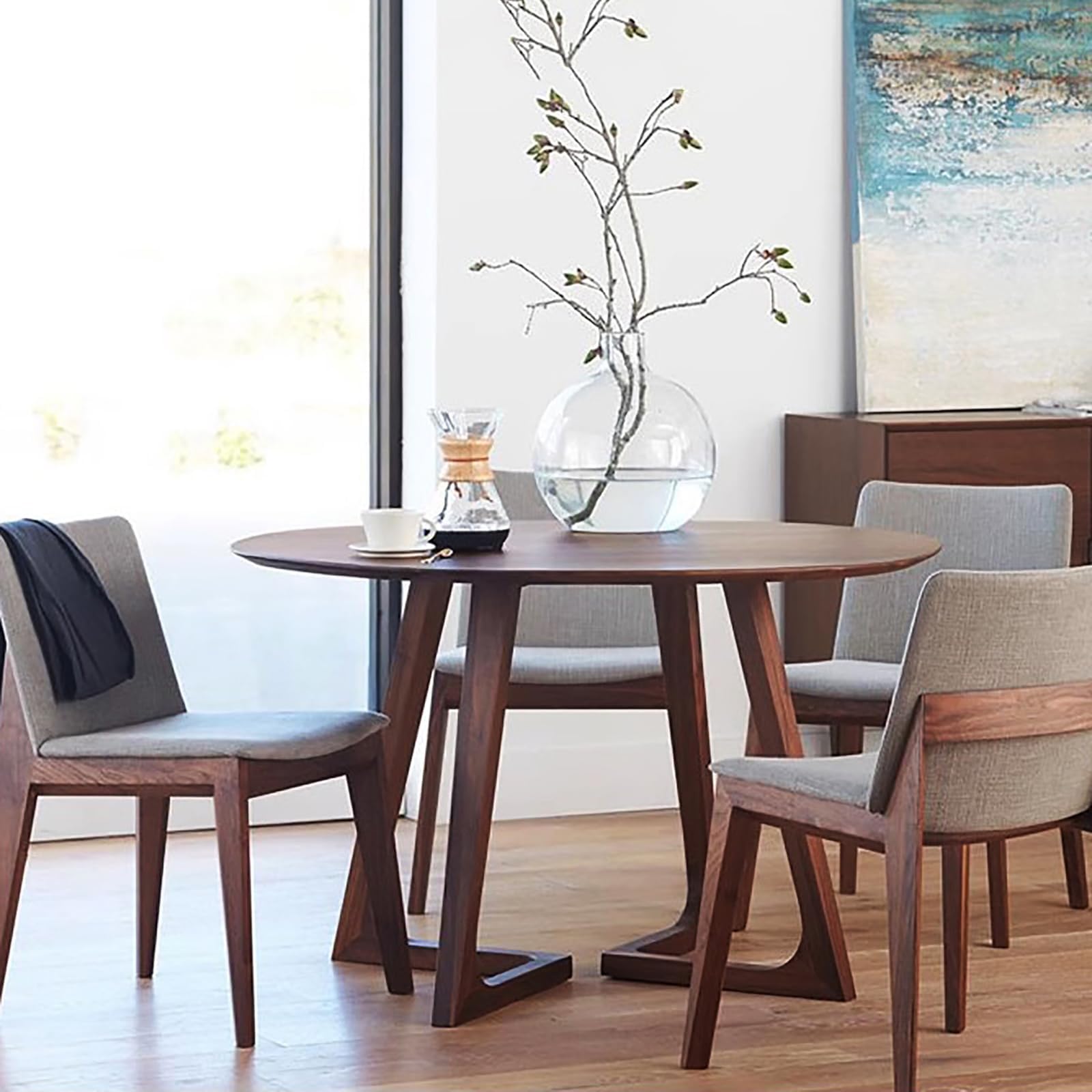 Walnut Round Dining Table for 2-4, Mid Century Modern Solid Wood
