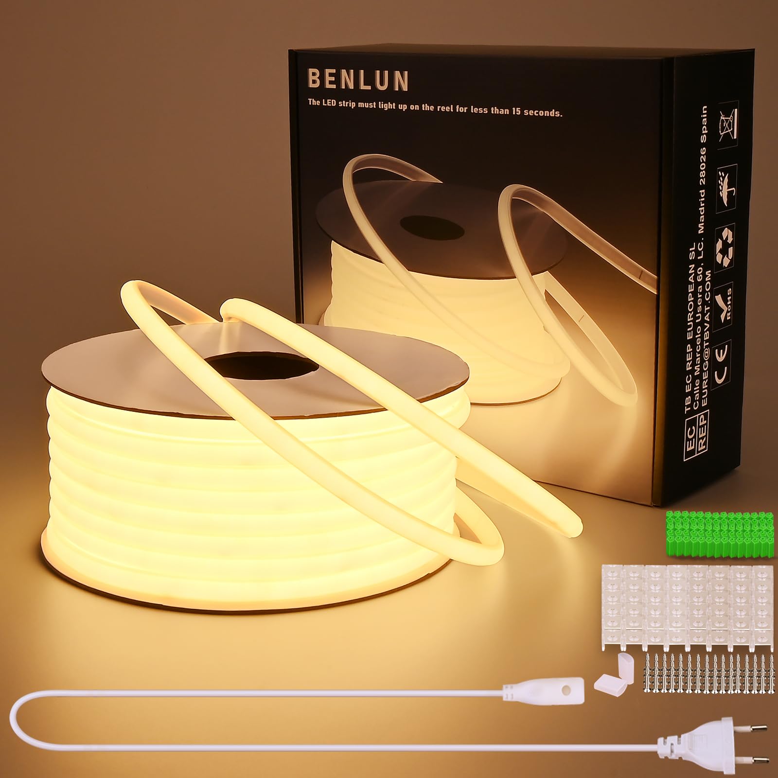 BENLUN AC 230V COB LED Streifen Aussenbereich Wasserdicht 30m | 3000K Warmweiß LED Strip 220V Direktanschluss, Sehr Hell 10W/m 296LEDs/m für Zimmer Deko Decke Outdoor Terrasse