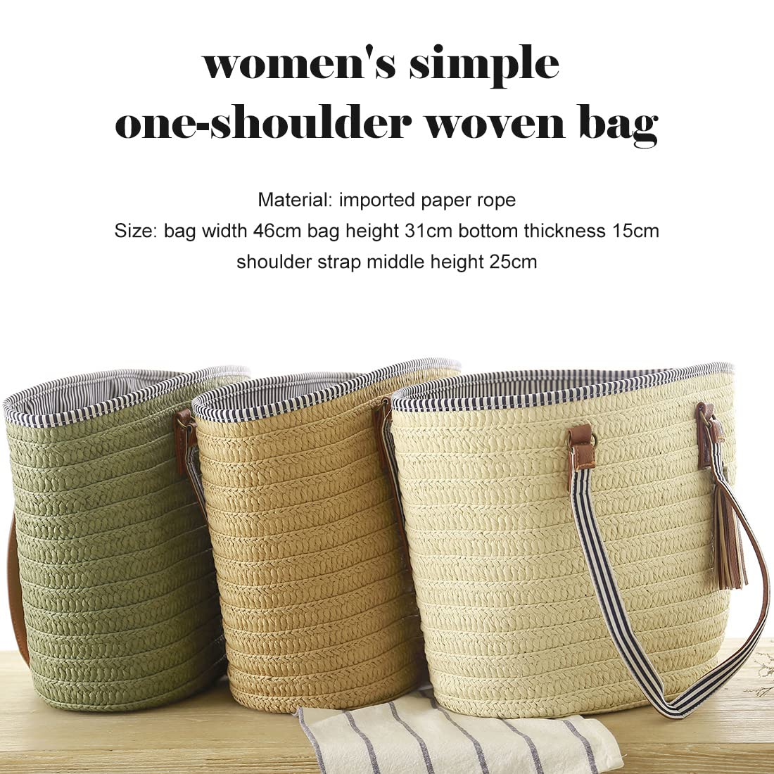 Bolso de paja Bolso de playa de verano Bolso de hombro para mujer con asas de cuero Bolso de borla Bolso cruzado Bolsa de compras Bolsa de manualidades para viajes (Marrón)