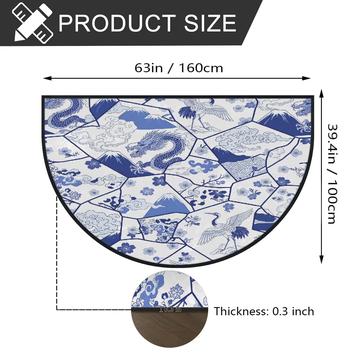 Kintsugi große halbrunde Fußmatte, blau-weißes Porzellan, waschbar, rutschfest, halbrund, Eingangsbereich, niedlich, weich, halbrund, saugfähig, Teppich für Küche, Badezimmer, Schlafzimmer