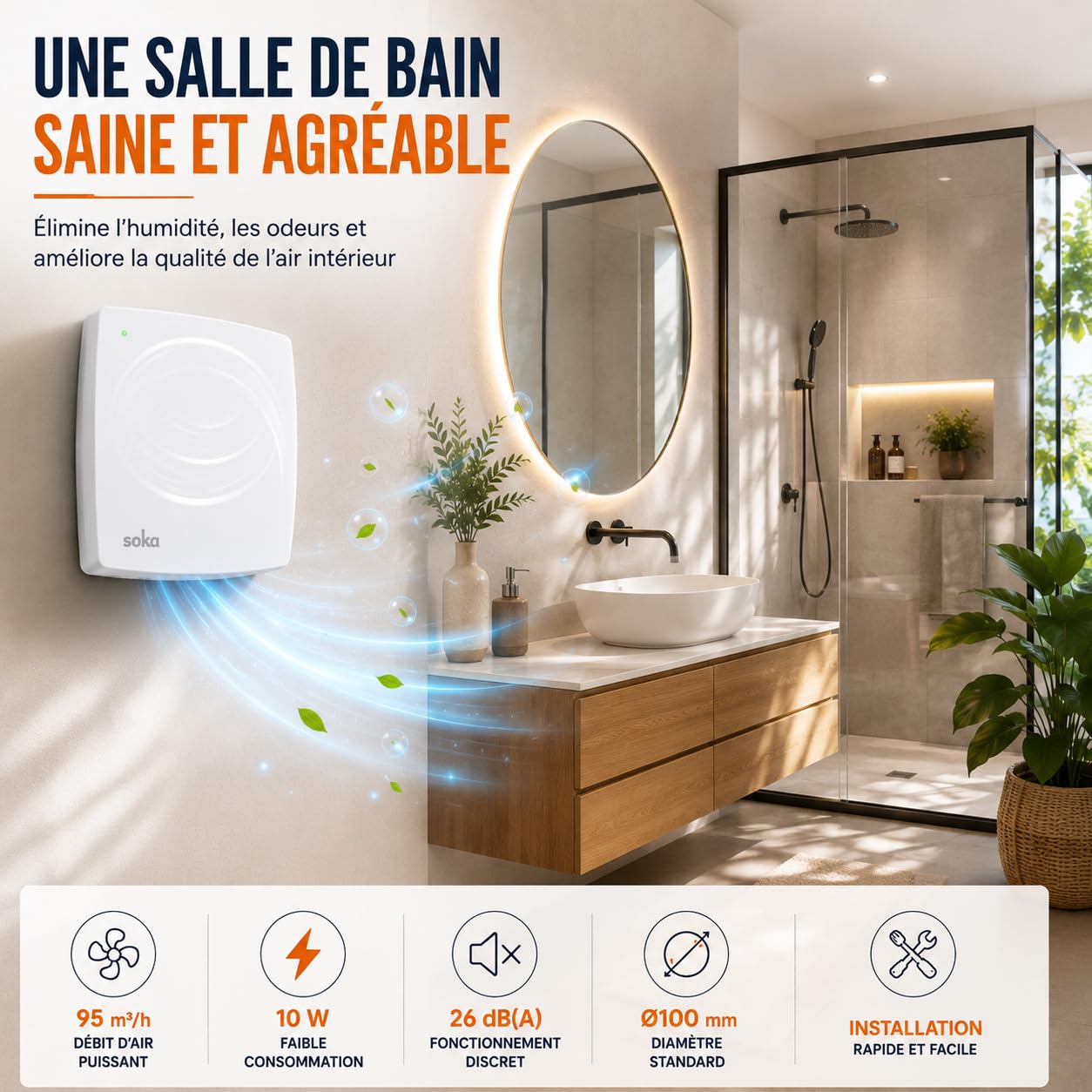 Ventilateur Extracteur d'Air VMC Salle de Bain Ø100 Hygroréglable Silencieux 95m³/h