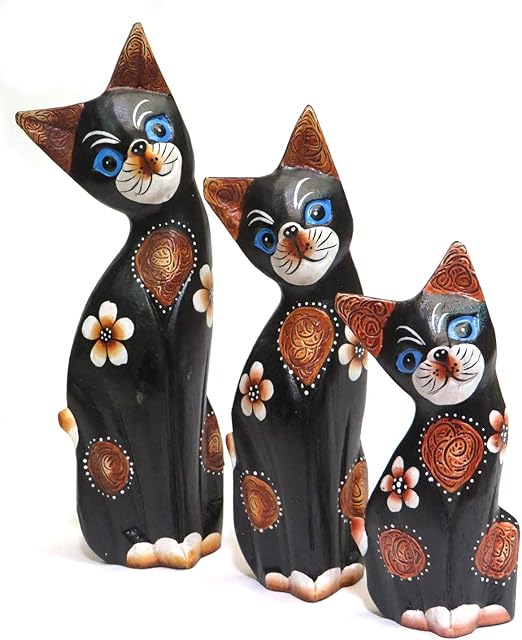 Purity Style Wooden Cat Gift Fair Trade, Hand Carved Set of 3 Painted Cats - 26cm, 19cm and 14cm tall