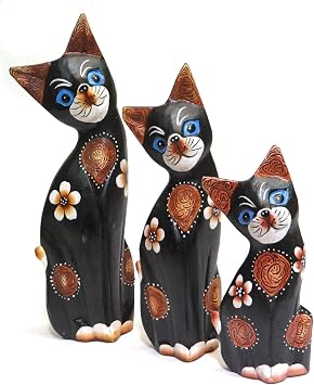 Wooden Cat Gift Fair Trade, Hand Carved Set of 3 Painted Cats - 26cm, 19cm and 14cm tall