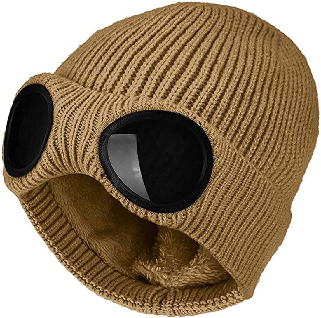 XRDSS Unisex Goggle Beanie Knitted Winter Chunky Beanie Hat (Coffee)