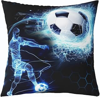 Football Player Pillow Cover 3D Cool Neon Lights Pillow Case for Teens Adults Sports Ball Gaming Cushion Cover for Living Room Geometric Hexagon Pillowcase 20x20 Inch