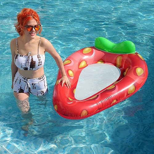 Miniatura 2 de Flotadores inflables de fresa para piscina, juguetes grandes para niños y adultos, balsa de lago con reposacabezas, tumbona inflable de verano,