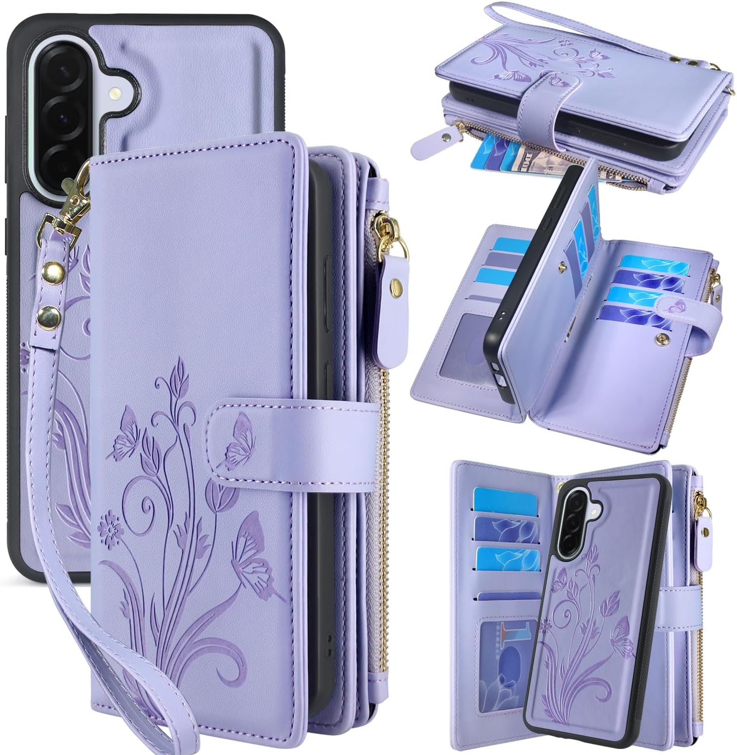 Lacass Case Wallet for Samsung Galaxy A37 A36 A56 5G, [12 Card Slots] ID Credit Cash Holder Zipper Pocket Detachable Leather Wallet Cover with Wrist Strap Lanyard（Floral Light Purple）