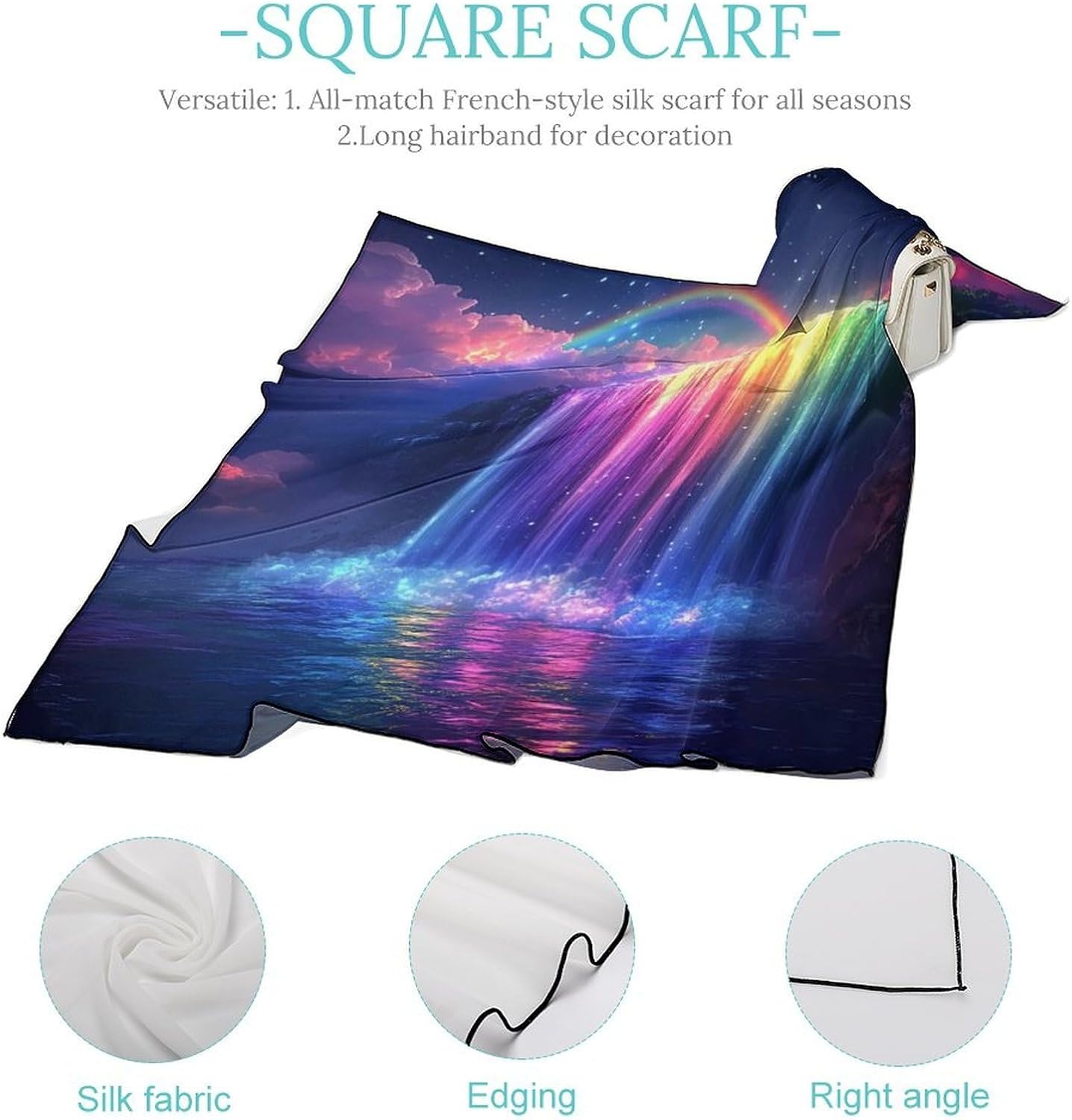 Colorful Waterfall Landscape Bandana Fashion Head Scarf Square Silk Scarf Print Neck Hair Scarfs for Women Men Gifts