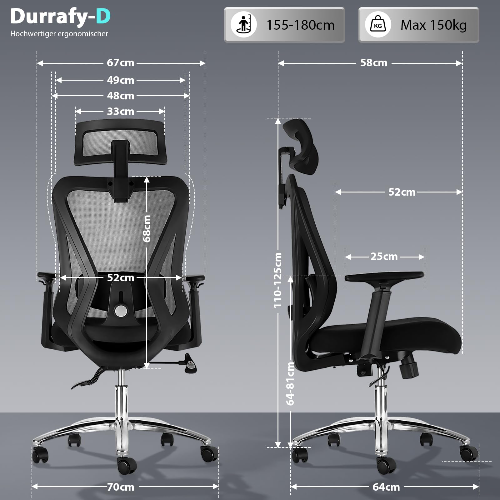 Sedia Ufficio Ergonomica, Sedia da Scrivania con Poggiatesta 2D e Supporto Lombare 4D, Poltrona Ufficio Reclinabile 90°-135°, Braccioli Regolabili, Portata 150 kg, Nero