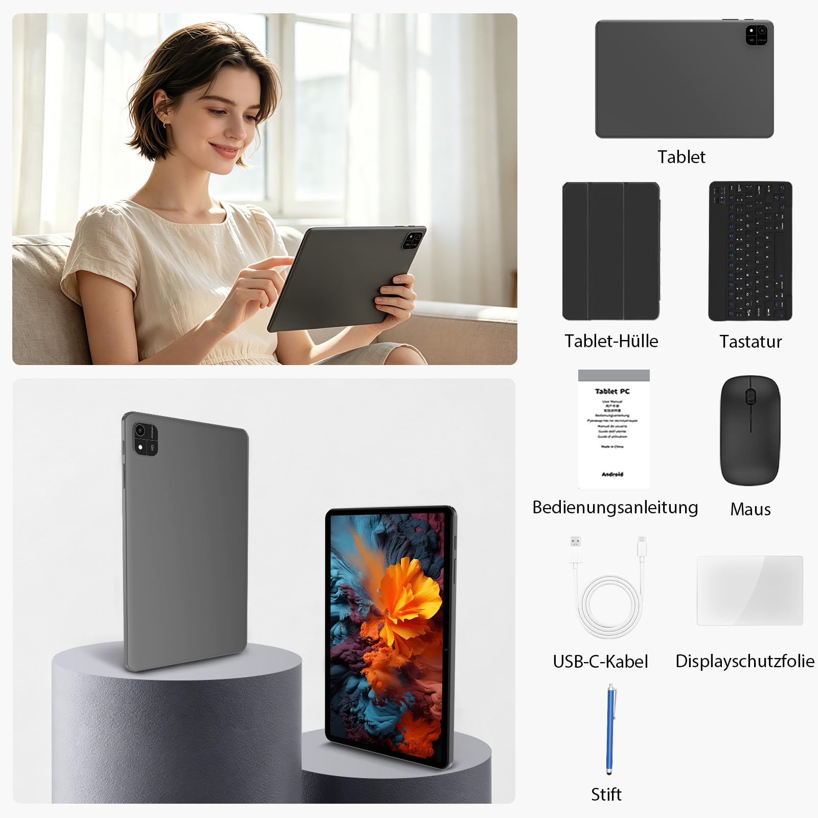 TUOHAITIME Android 16 Tablet 10 Zoll,24GB RAM+64GB ROM 1TB erweiterbar Tablet,Bildschirmauflösung 1280p,Unisoc T606 Octa-Core Prozessor,WiFi 6/Dual-Kamera/Face ID/GPS/6000mAh Akku (Schwarz)