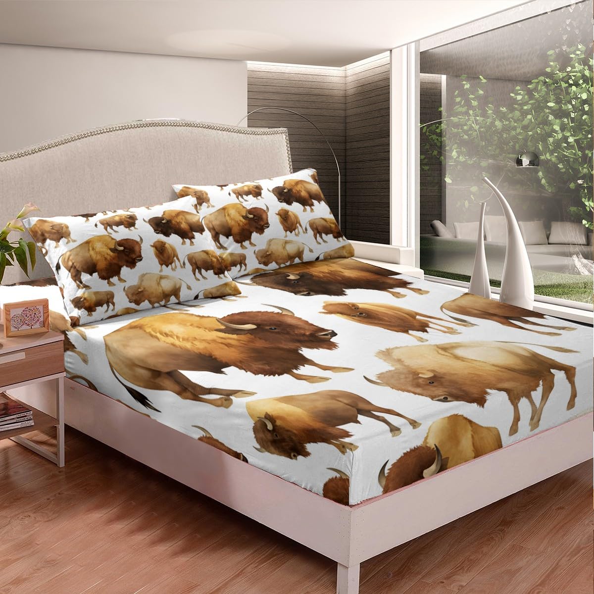 Homemissing Uroczy zestaw pościeli z bawołem King Size Wild American Bison prześcieradła z głęboką kieszenią dopasowane prześcieradło dla dorosłych 3D dzikie zwierzęta dzika przyroda stado zestaw