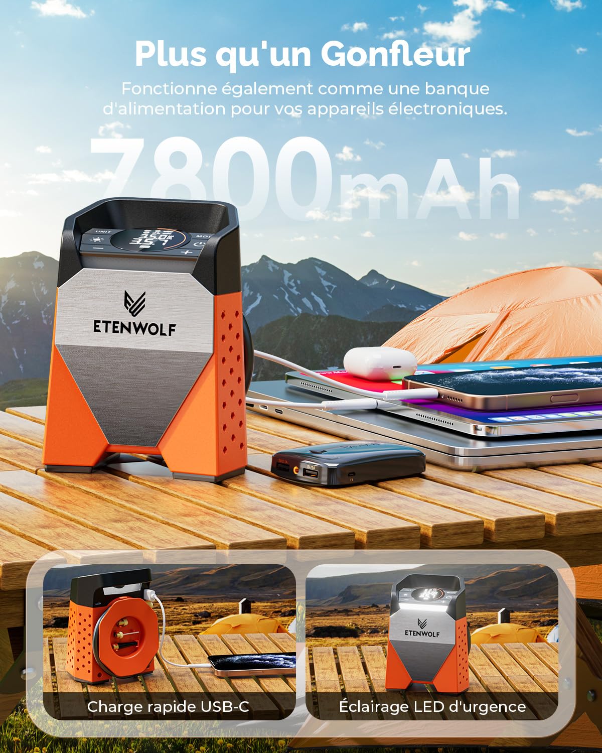 ETENWOLF ZEPHYR S3 7800mAh Compresseur à Air Portatif 11,03 Bar | Pompe à Air Électrique pour Voiture Moto Vélo Ballons - Gonflage Rapide en 1 Min et Lumières LED - Banque d'alimentation USB