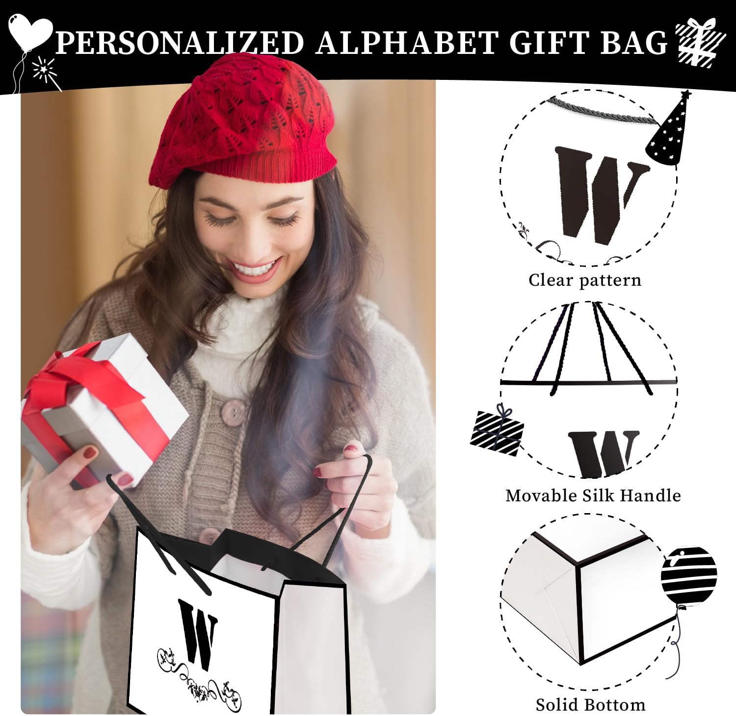 ysmile Letter Gift Bag with Tissue Paper for Men 12" Large White Black Bag for Birthday Personalized Monogrammed Anniversary - Single W image 5